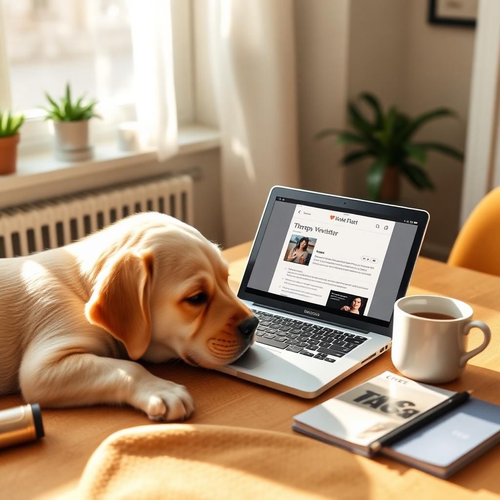 Cozy desk scene with a therapy dog and a laptop displaying the Companion Paws newsletter