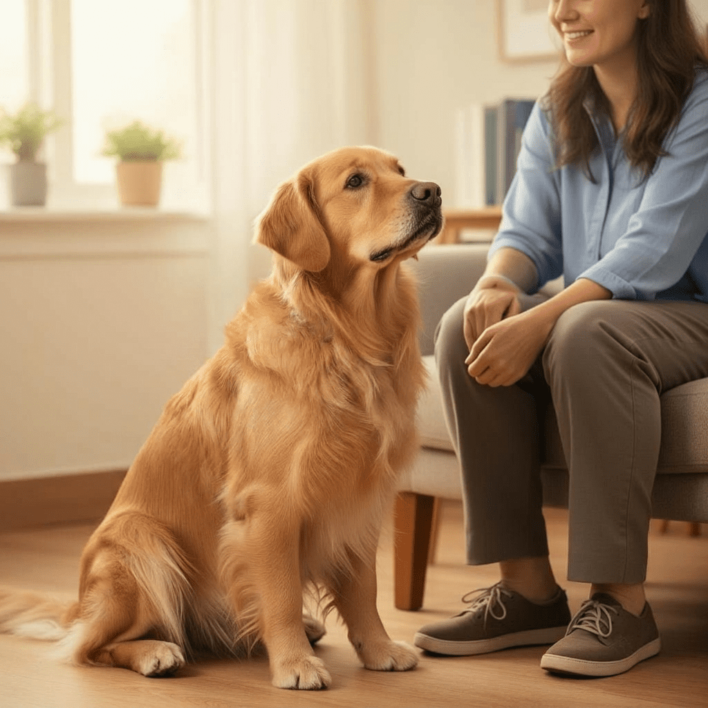 Certified golden retriever therapy dog wearing a vest, sitting calmly beside its owner